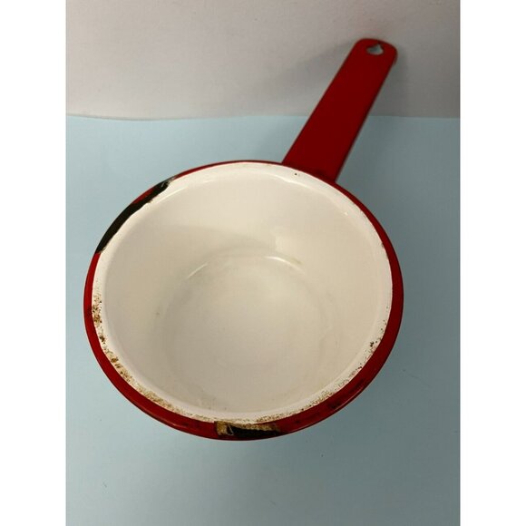 Vintage Antique White Red Metal Enamelware  Saucepan Pot 5" - Picture 1 of 10